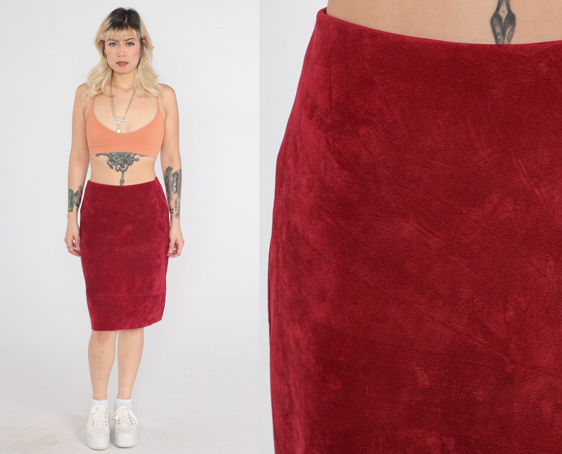 90s Papaya Red Faux Suede Pencil Skirt High Waist Midi Small