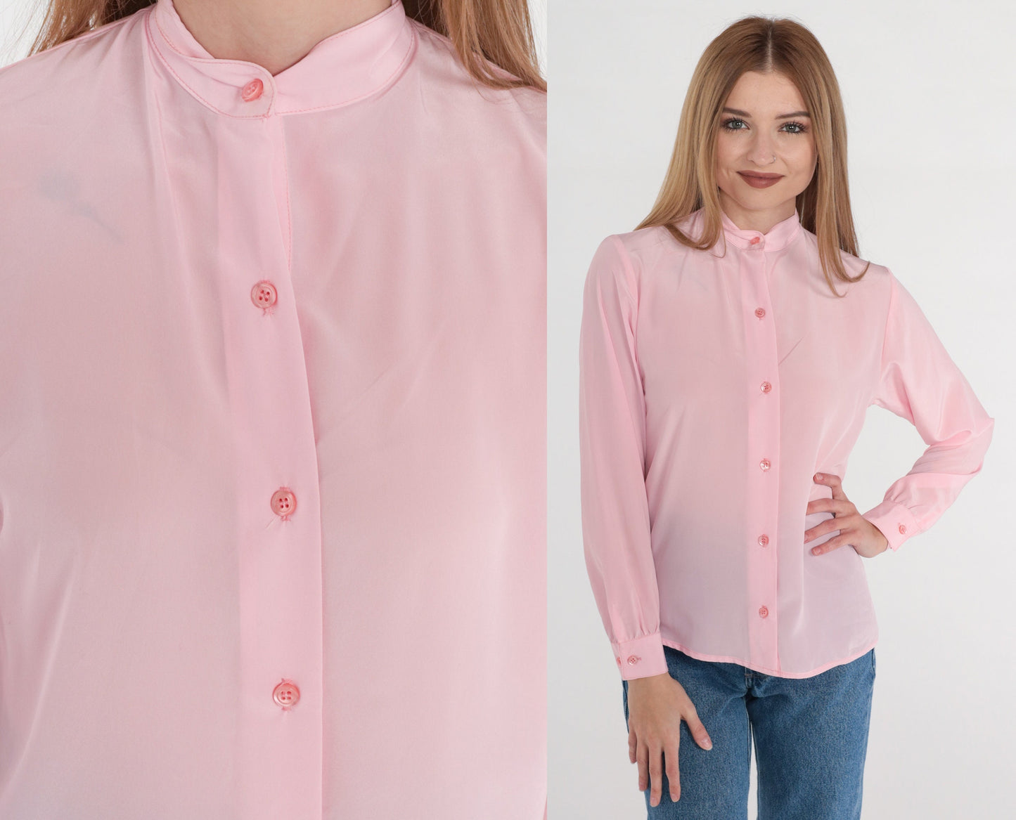 80s Pink Semi-Sheer Button-Up Blouse High Neck Long Sleeve Small