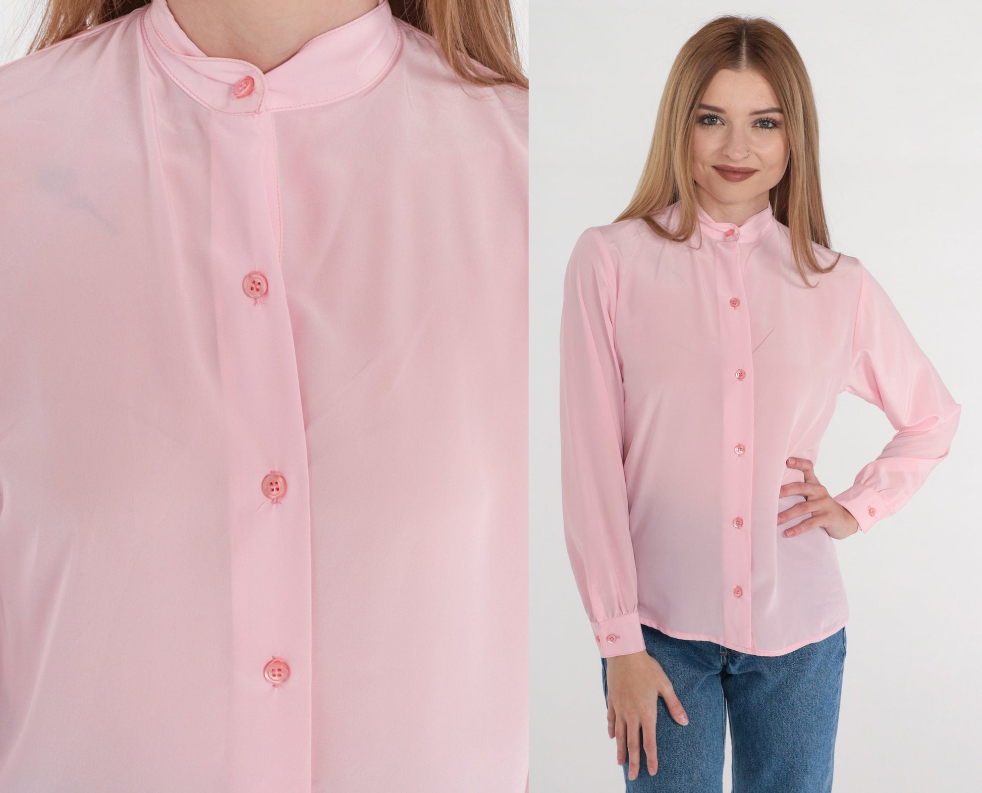 80s Pink Semi-Sheer Button-Up Blouse High Neck Long Sleeve Small
