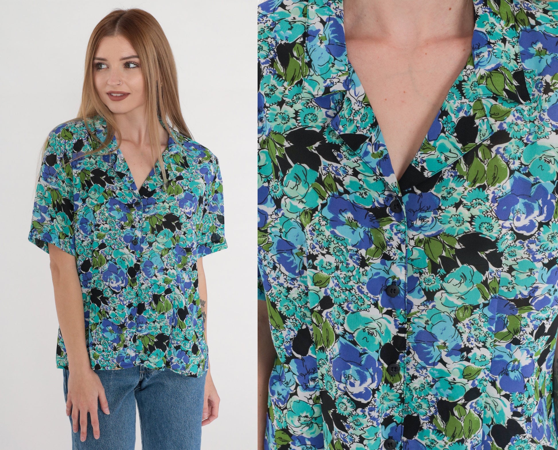 90s Blue Floral Button-Up Blouse Short Sleeve Collared Top Medium