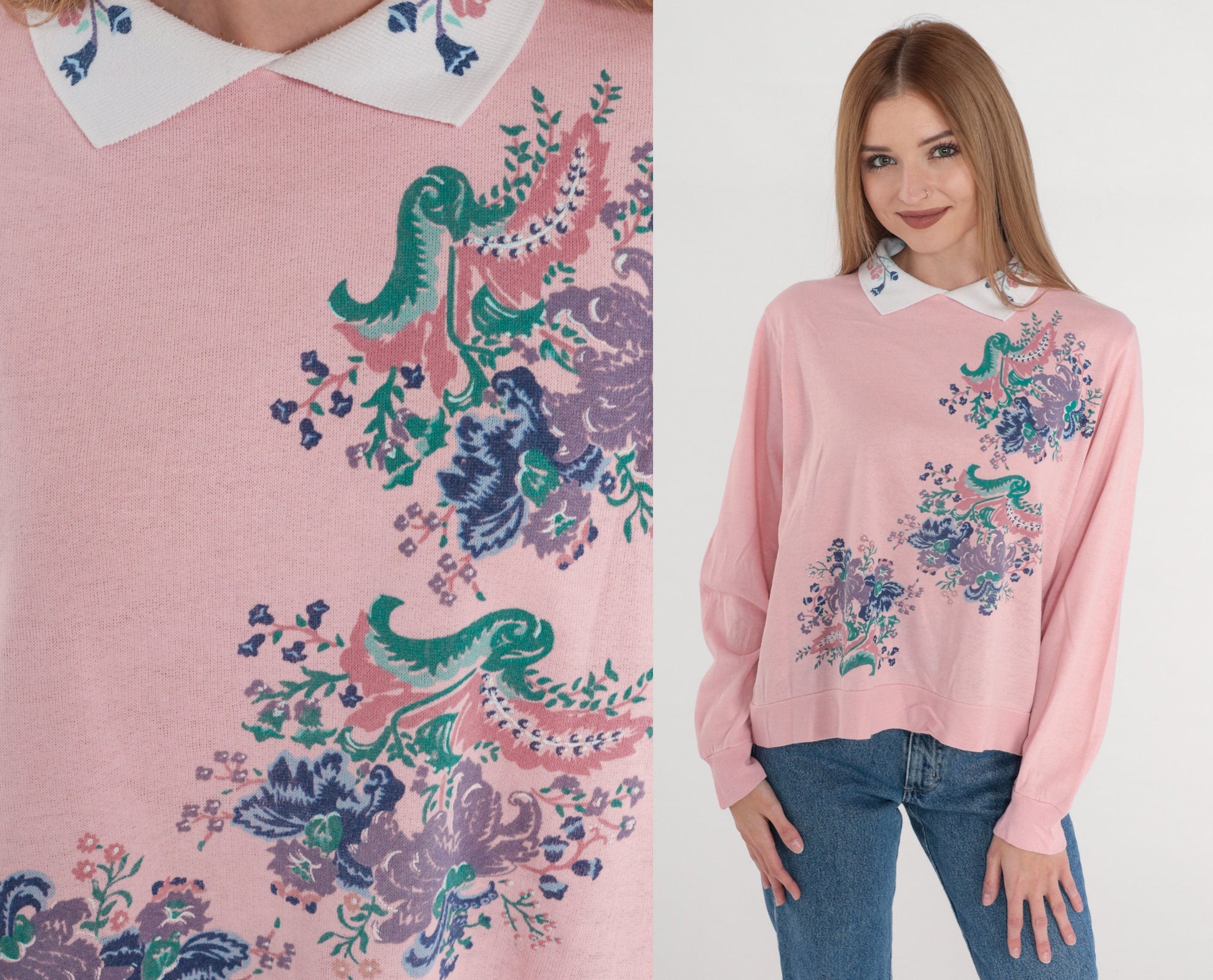 80s Pink Floral Collared Sweatshirt Flower Print Crewneck Small S