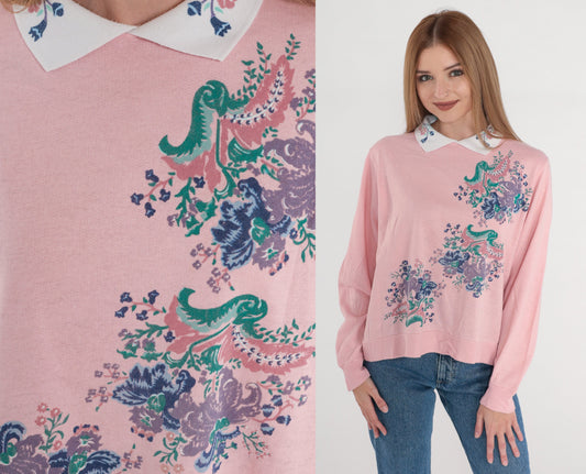 80s Pink Floral Collared Sweatshirt Flower Print Crewneck Small S