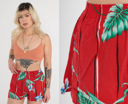 80s Tropical Floral High-Waist Shorts Red Cotton Jungle Print XS