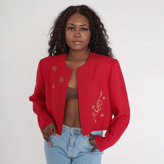 90s Red Cropped Jacket Gold Star Embroidered Open Front Blazer Extra Large XXL