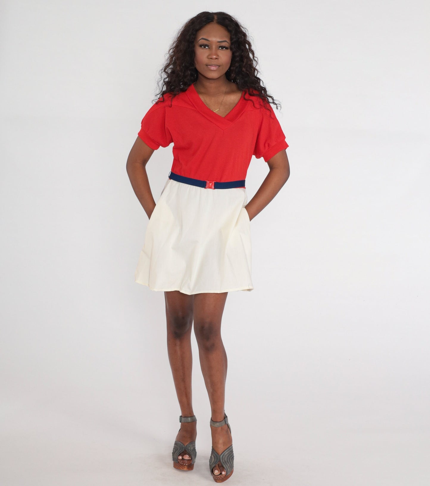 80s Color Block Mini Dress Red Off-White V-Neck Dolman Sleeve Medium Large