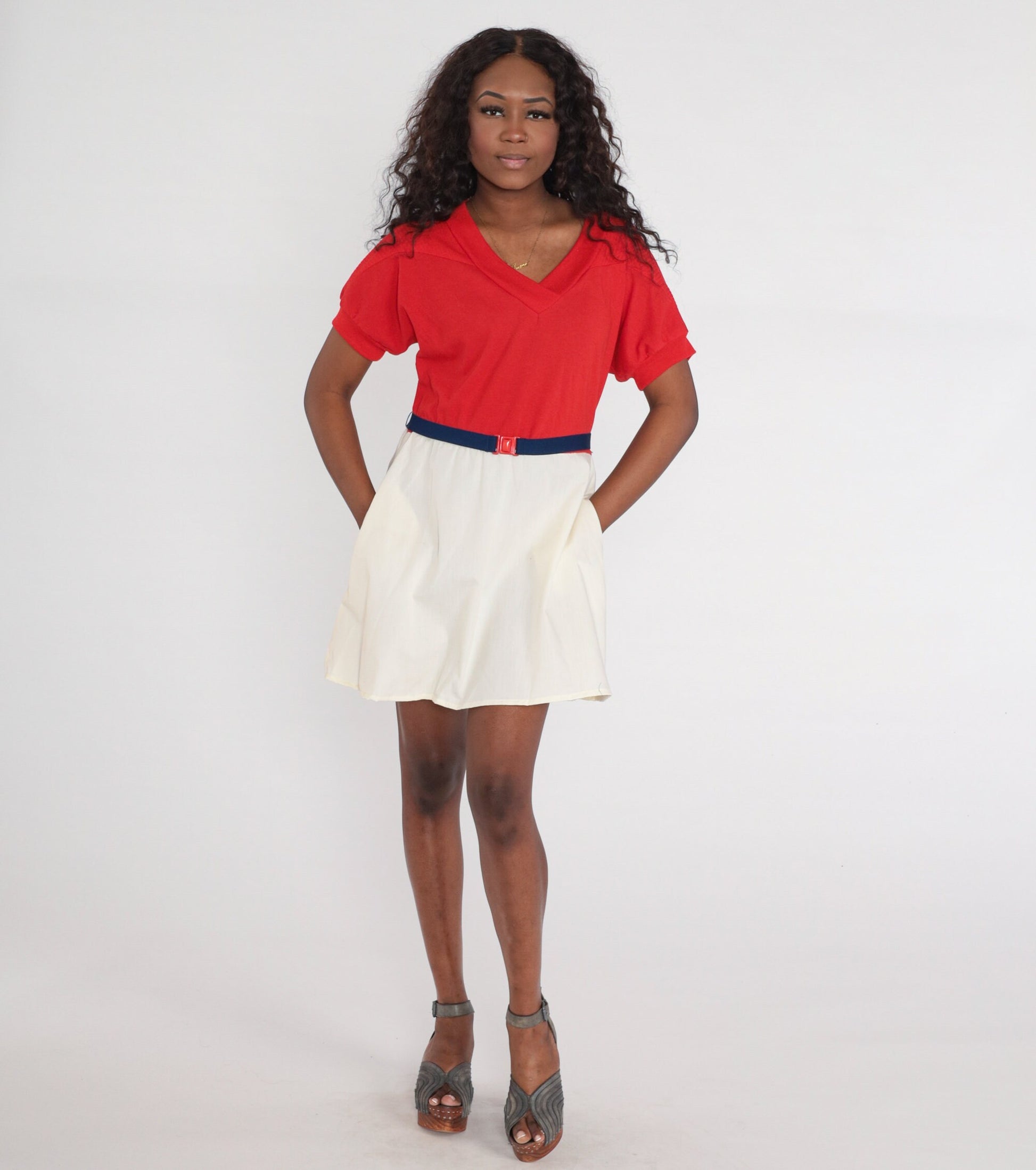 80s Color Block Mini Dress Red Off-White V-Neck Dolman Sleeve Medium Large