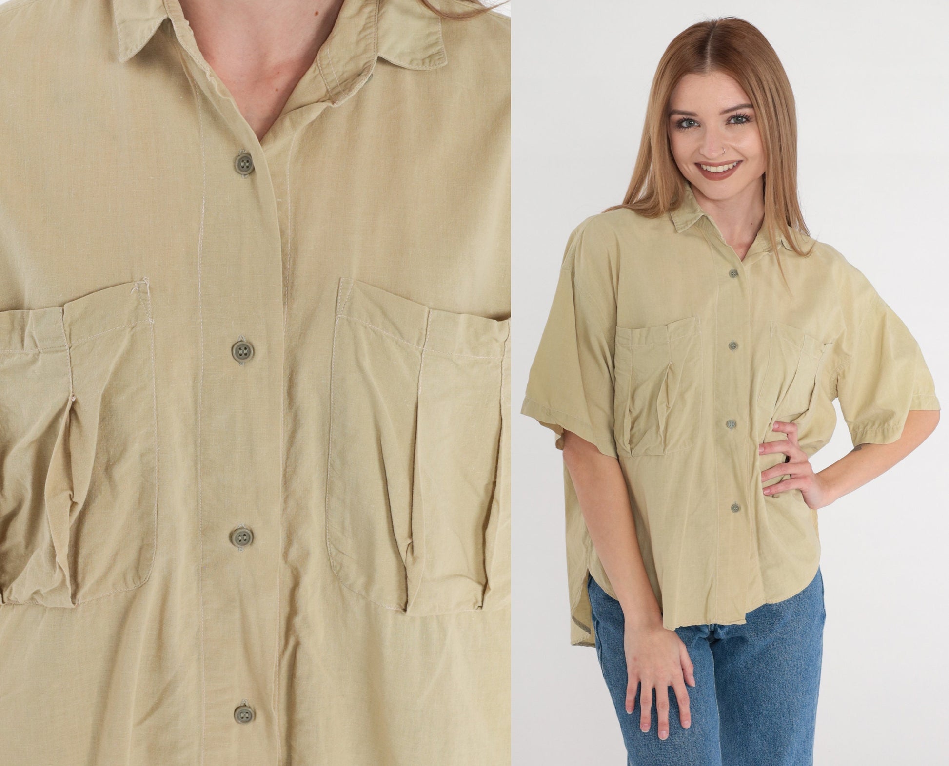 90s Green Cotton Button-Up Shirt Chest Pocket Short Sleeve Medium