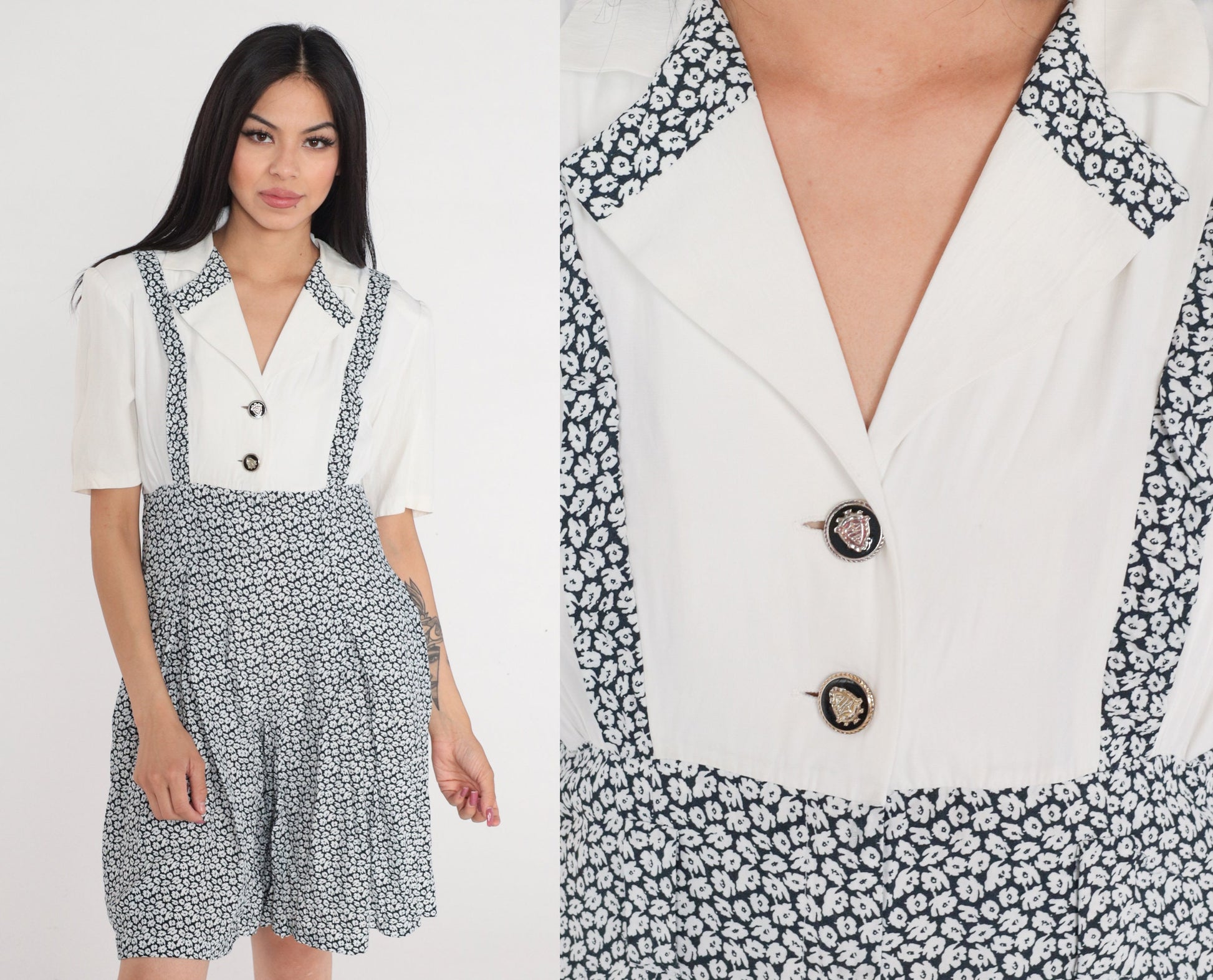 90s Floral White Romper Suspender Shorts Button-Up Empire Waist Medium M