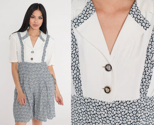 90s Floral White Romper Suspender Shorts Button-Up Empire Waist Medium M
