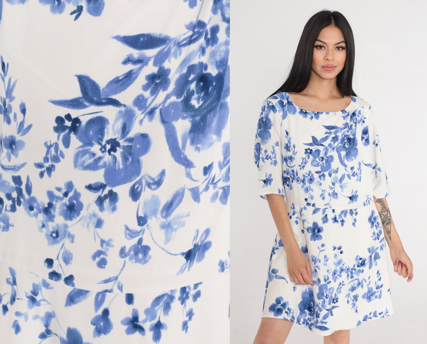 00s White Blue Floral Mini Dress High Waist A-Line Short Sleeve Large