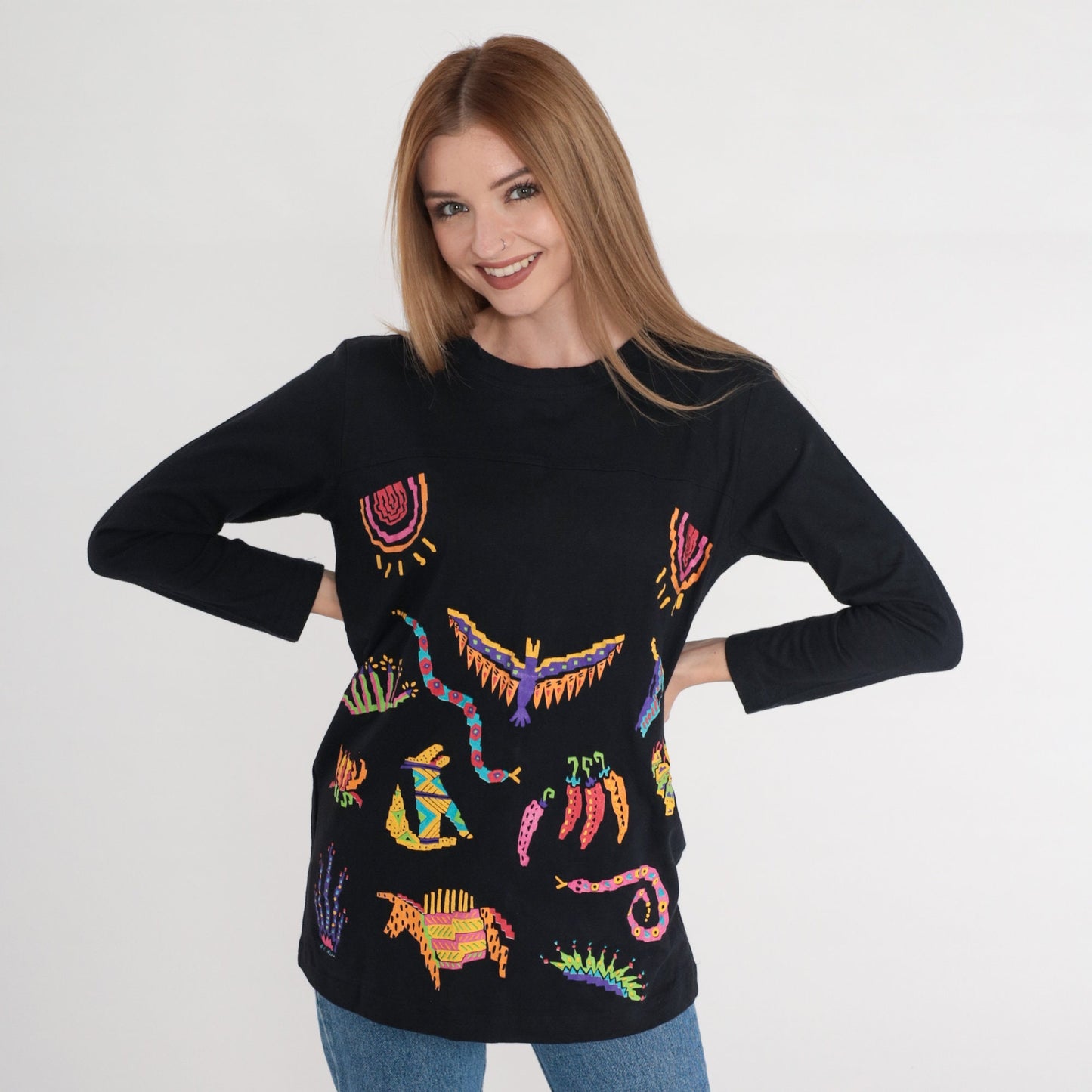 90s Southwestern Graphic Long Sleeve Tee Black Cotton Small
