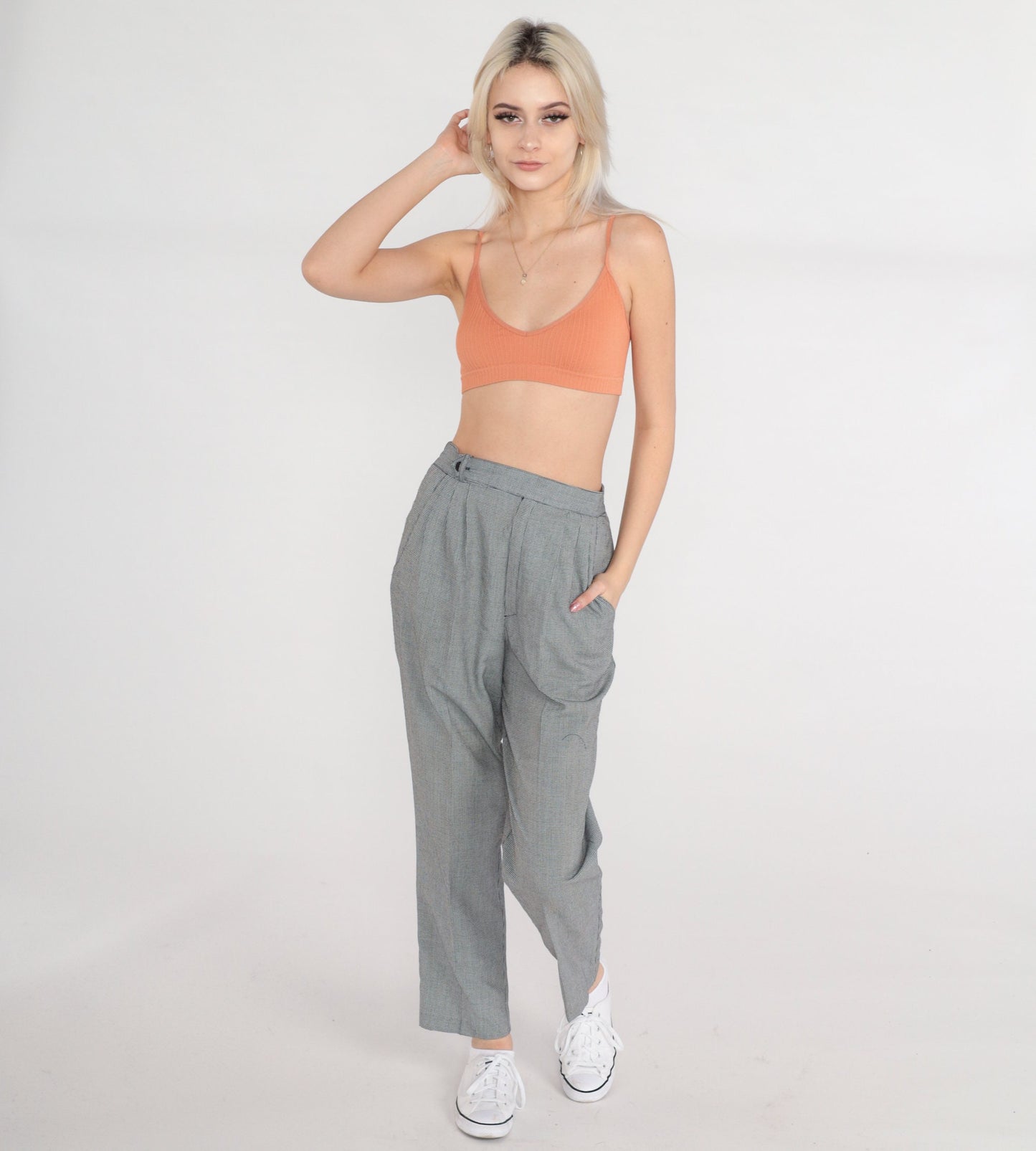 80s Checkered High-Waisted Tapered Trousers Pleated Plaid Pants Small