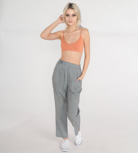 80s Checkered High-Waisted Tapered Trousers Pleated Plaid Pants Small