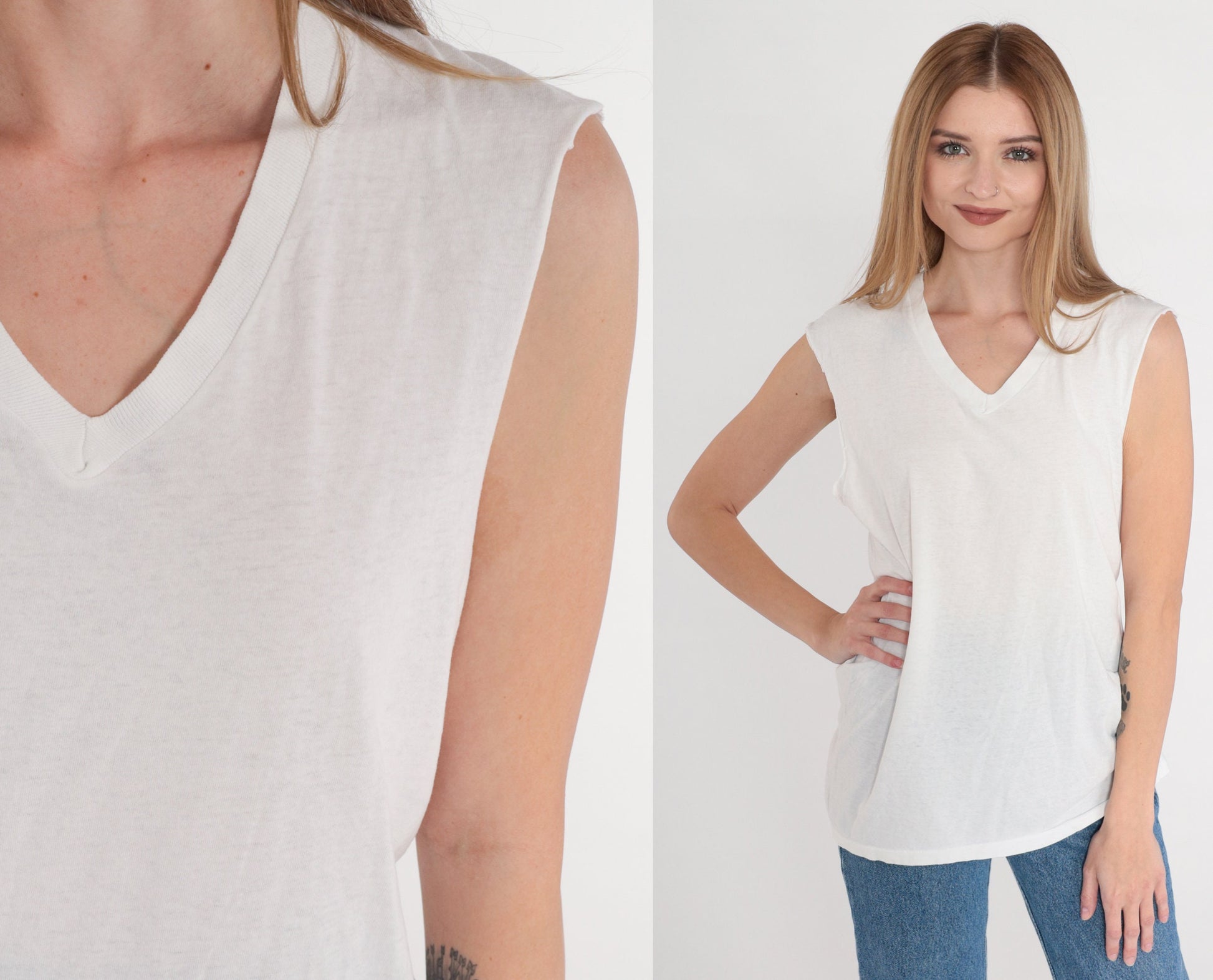 80s Hanes White V-Neck T-Shirt Single Stitch Cutoff Sleeves Medium