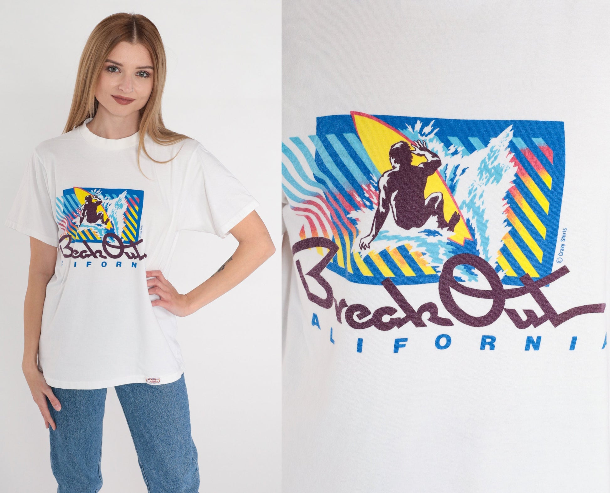 90s Crazy Shirts Break Out California Surfer Graphic Tee Cotton Medium M