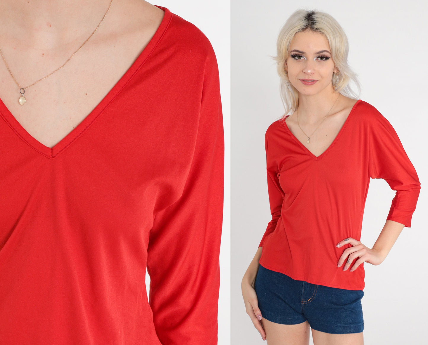 70s Red V-Neck Dolman Sleeve Blouse Polyester Vintage Small Medium
