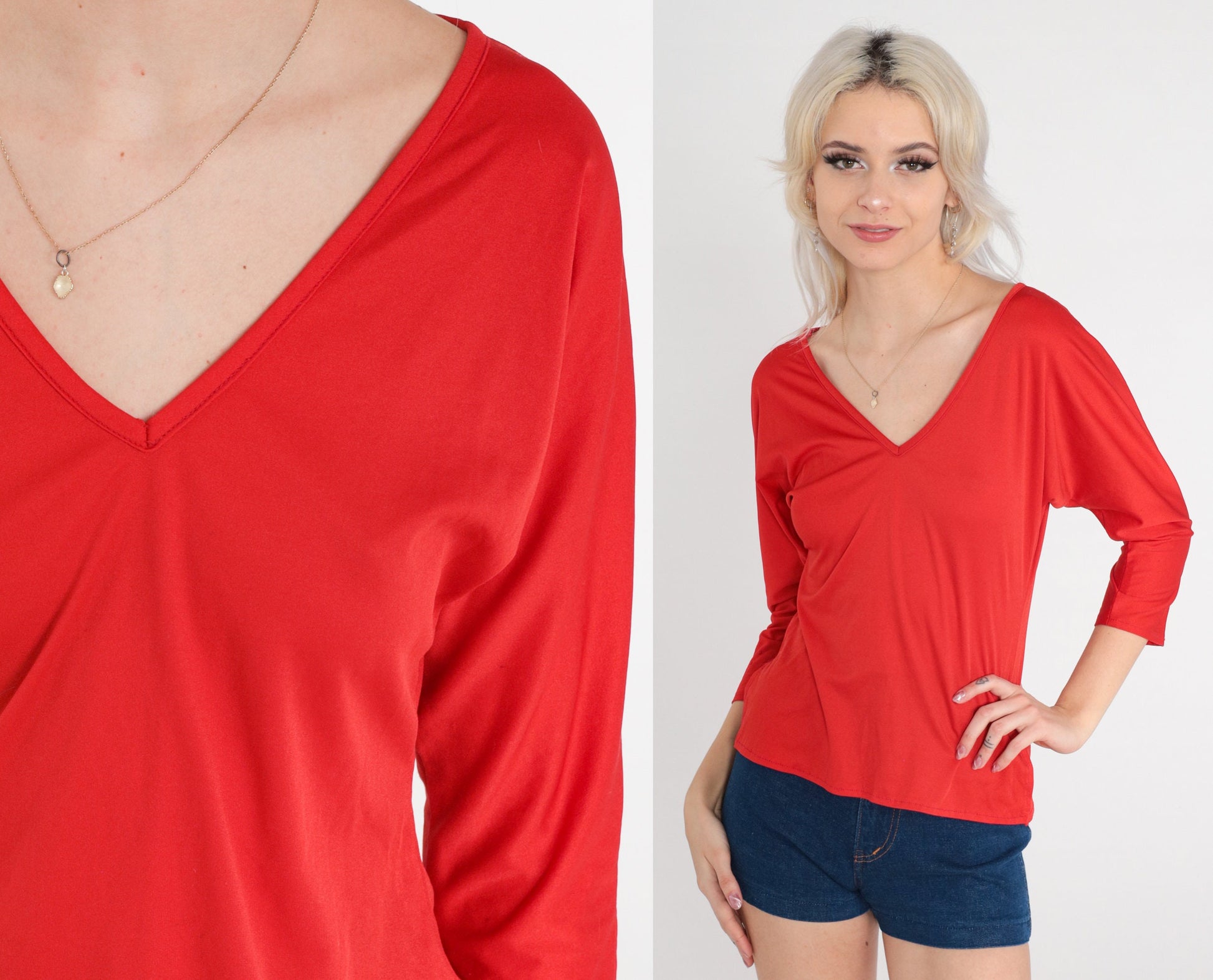 70s Red V-Neck Dolman Sleeve Blouse Polyester Vintage Small Medium