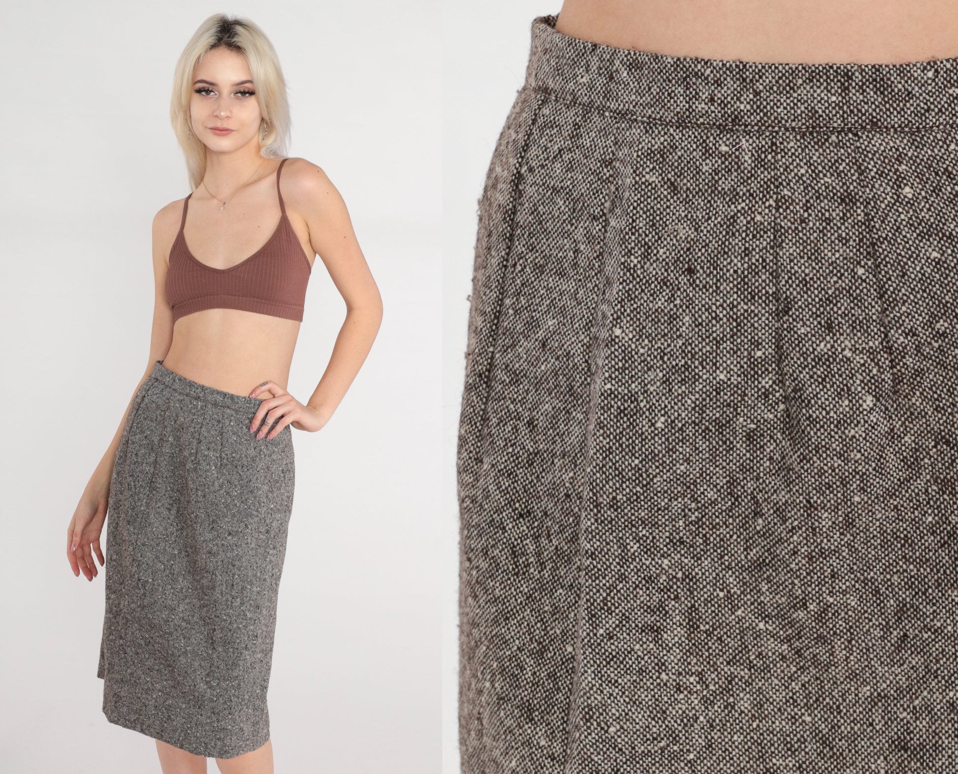 70s Grey Wool Midi Skirt High Waisted Pencil Small S