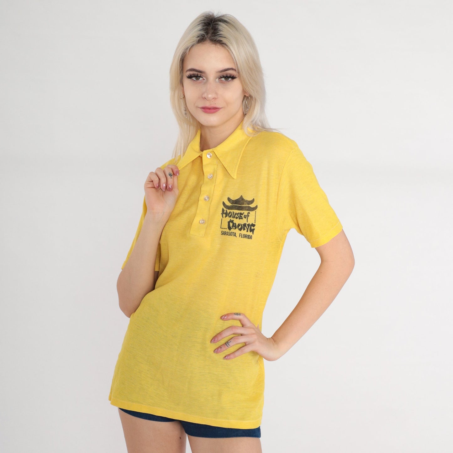 70s House of Chong Yellow Polo Shirt Dagger Collar Button-Up Medium