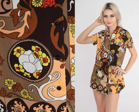 70s Floral Print Button-Up Shirt Brown Tonal Collar Short Sleeve Small