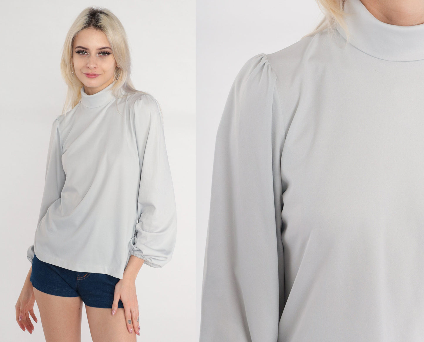 70s Cement Grey Mock Neck Puff Sleeve Blouse Small S