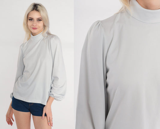 70s Cement Grey Mock Neck Puff Sleeve Blouse Small S