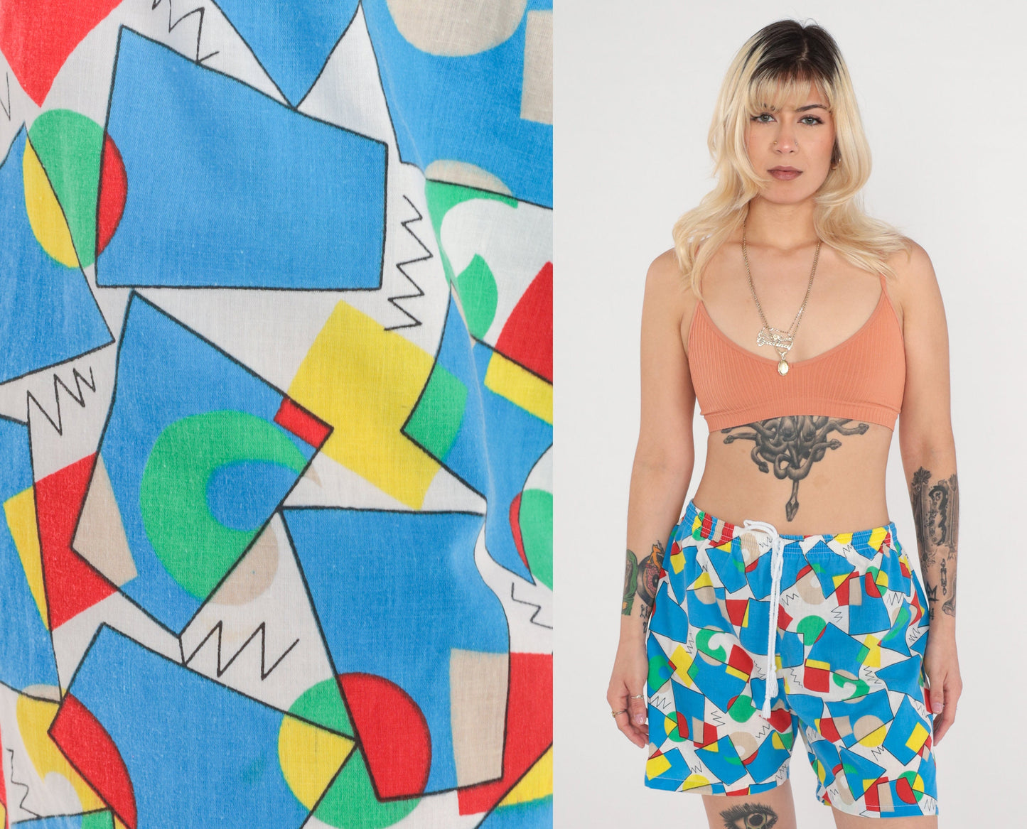 90s Geometric Shorts Bright Blue High Waist Drawstring Cotton Medium Large
