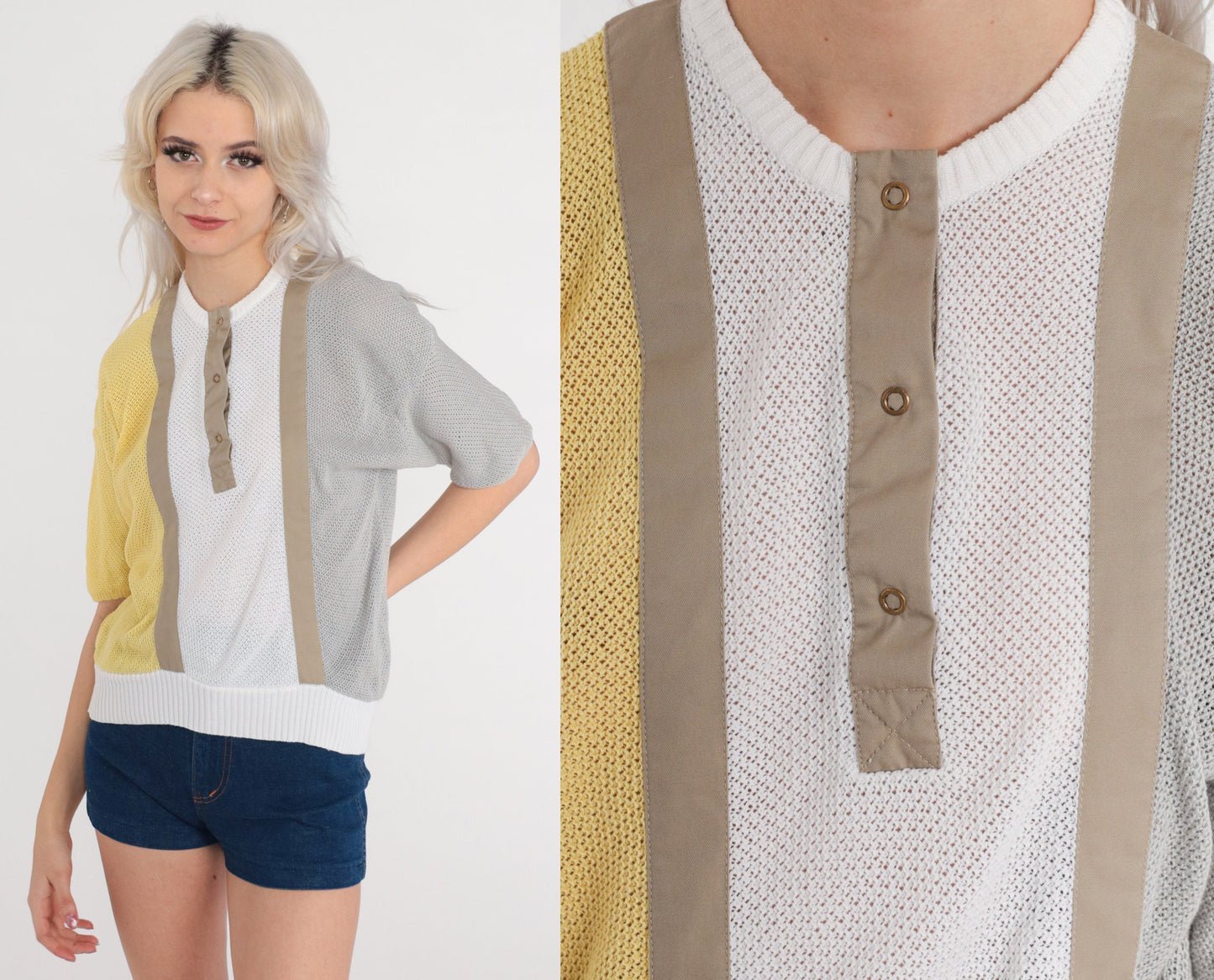 80s Sheer Color Block Knit Top Short Sleeve Henley Yellow White Grey Small