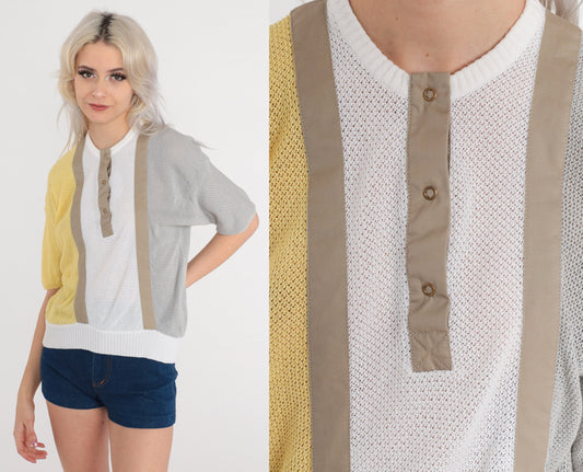 80s Sheer Color Block Knit Top Short Sleeve Henley Yellow White Grey Small