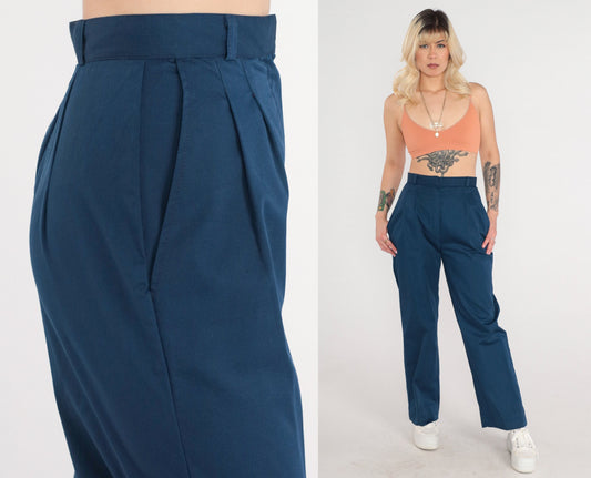 80s Navy High-Waisted Pleated Trousers Tapered Pants Small 26