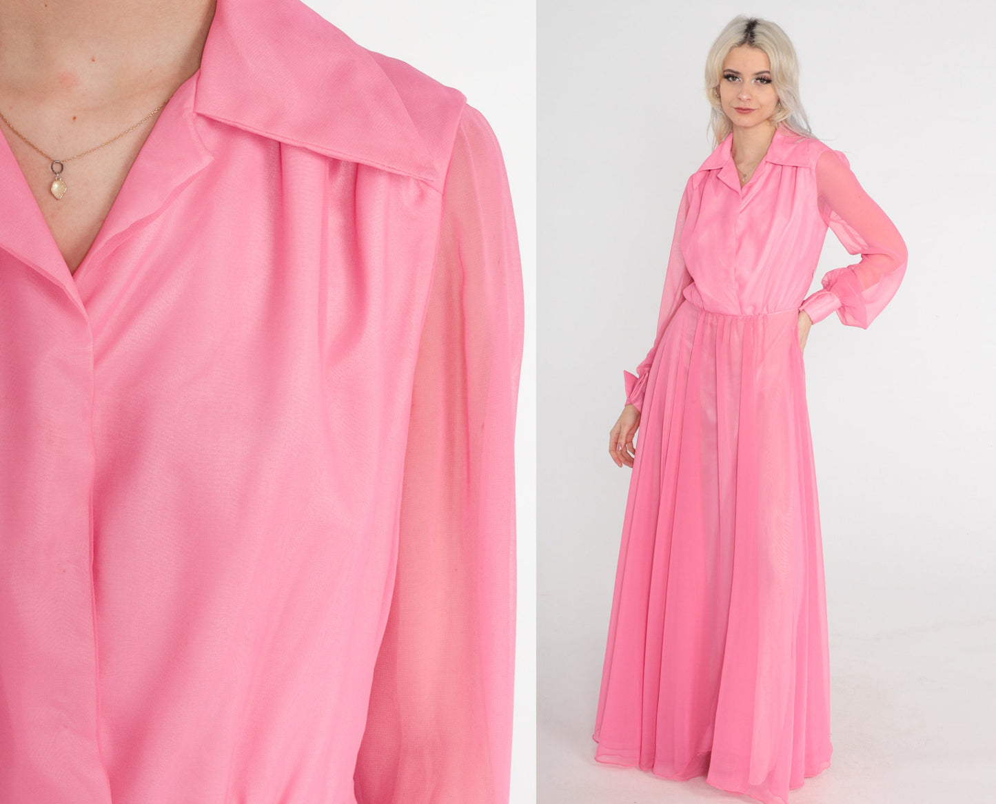 1970s Pink Chiffon Maxi Dress High Waist Button Front Long Sleeve Small