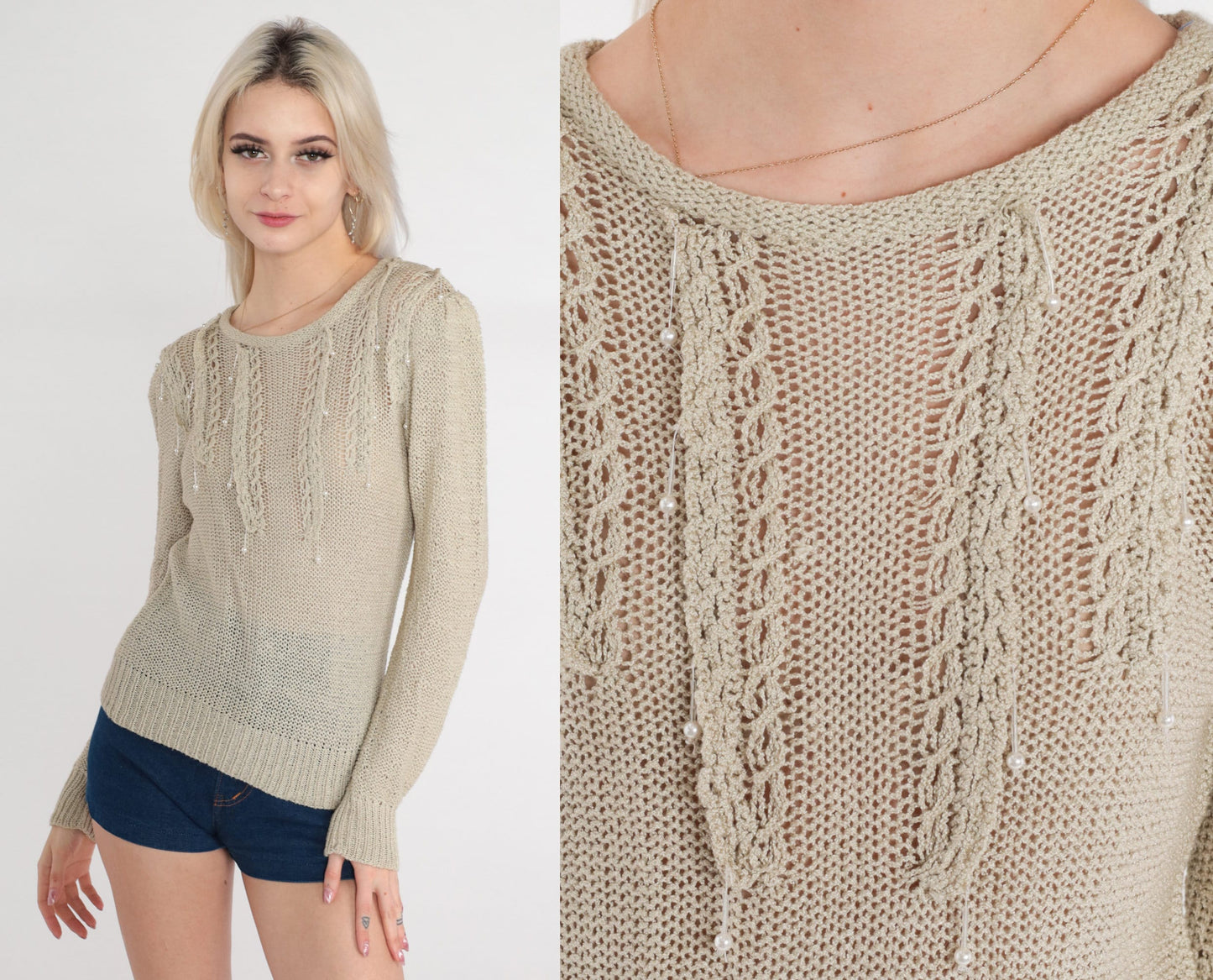 80s Currents Pearl Beaded Taupe Knit Sweater Puff Sleeve Extra Small
