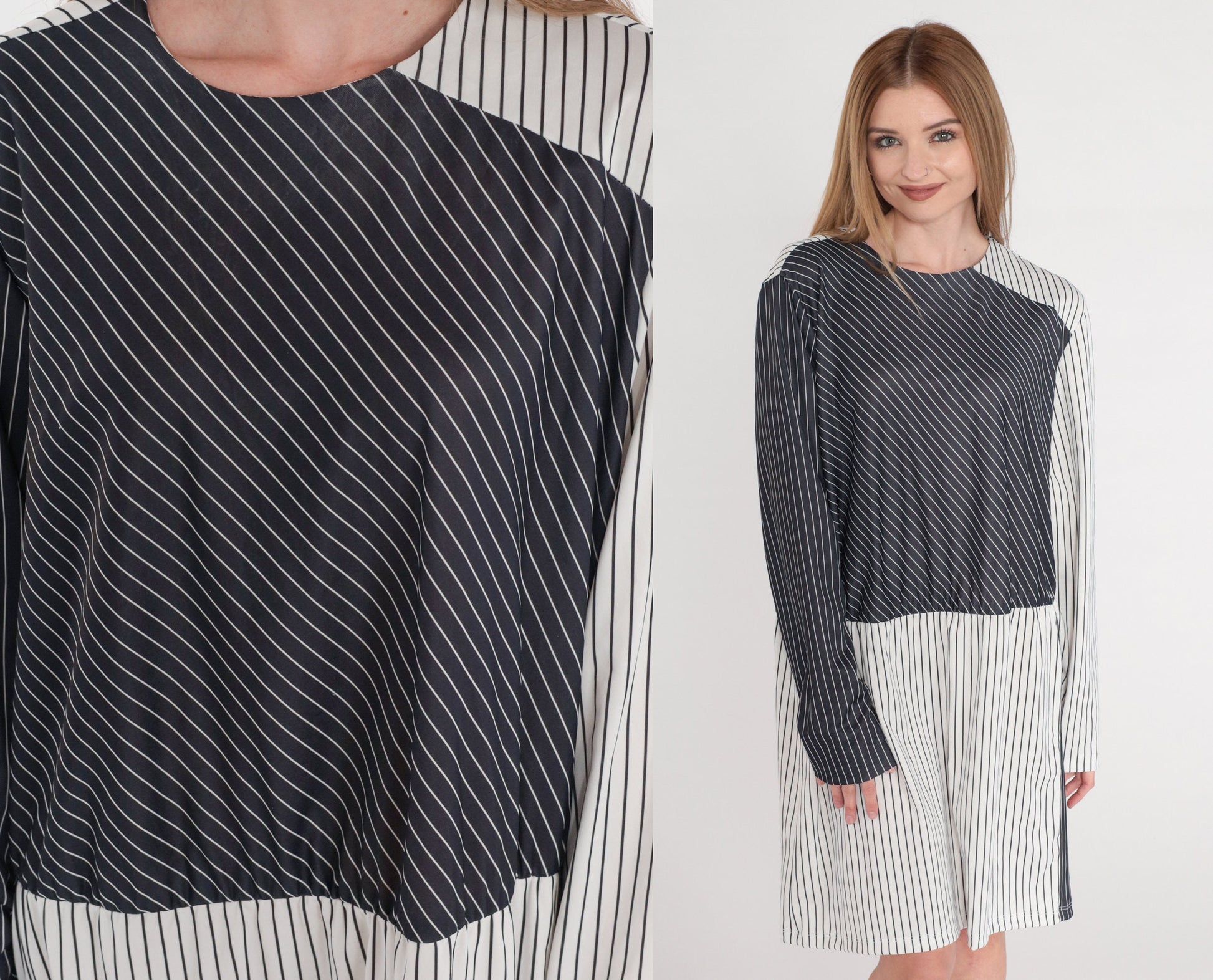 70s Black and White Striped Mini Dress Long Sleeve Shift Keyhole Back Large L