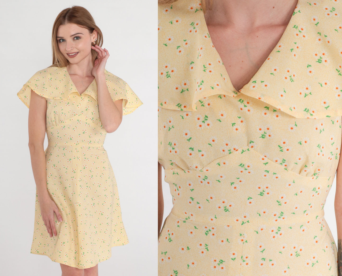 70s Yellow Floral Babydoll Mini Dress Flutter Sleeve Empire Waist Small