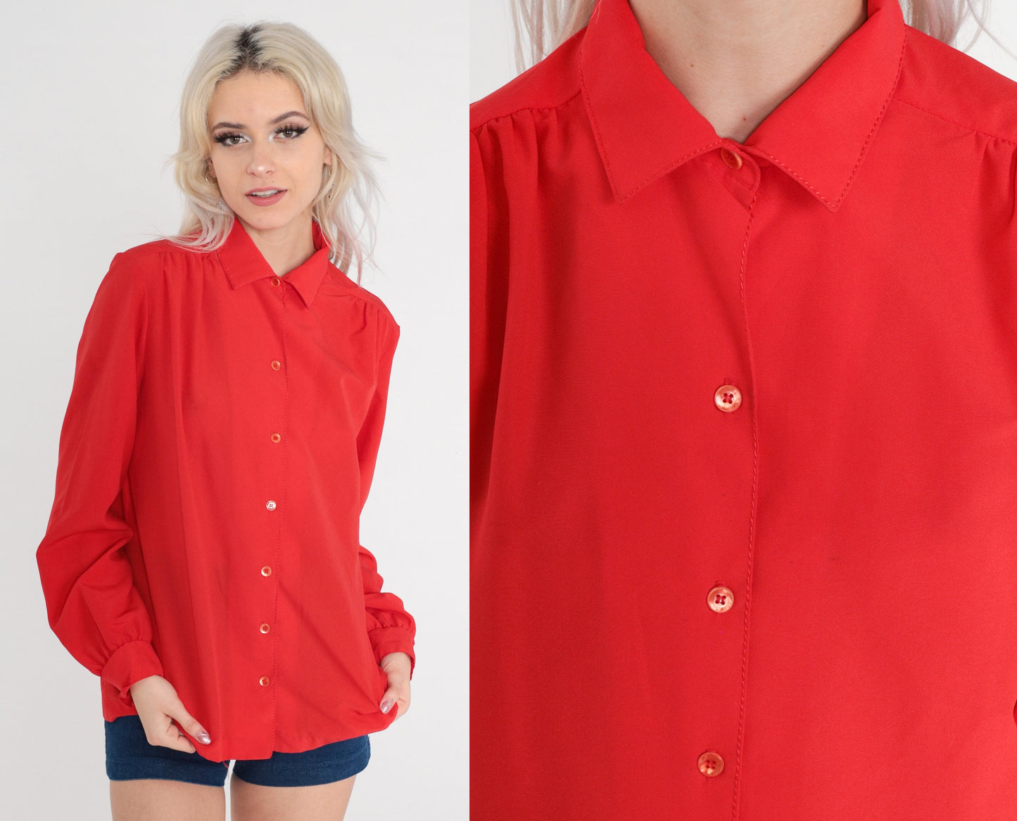 80s Red Button-Up Blouse Long Sleeve Collared Shirt Large L