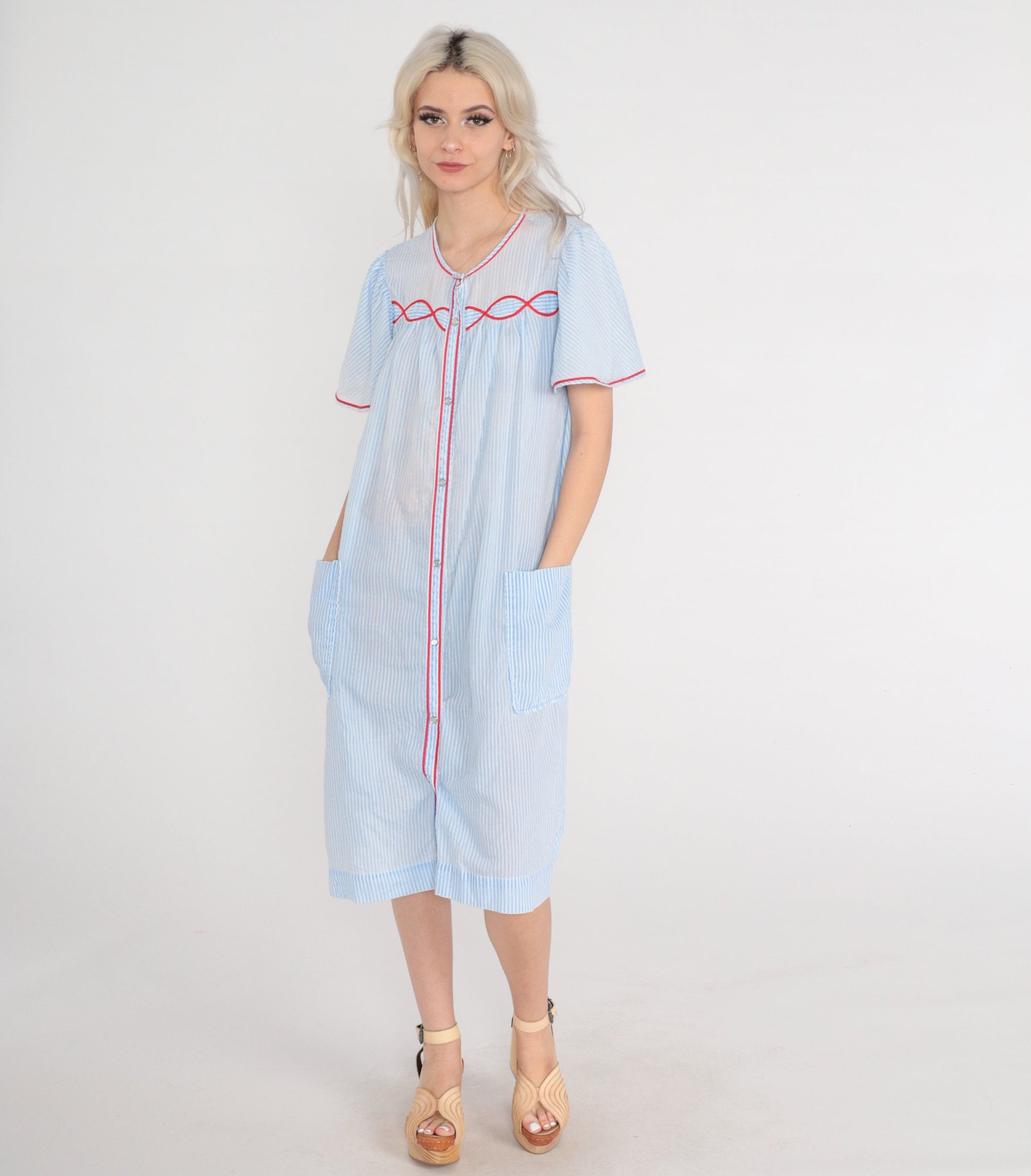 80s Striped Midi Lounge Dress Blue White Puff Sleeve Button-Up Medium