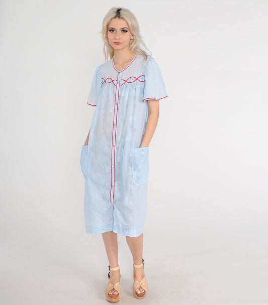 80s Striped Midi Lounge Dress Blue White Puff Sleeve Button-Up Medium