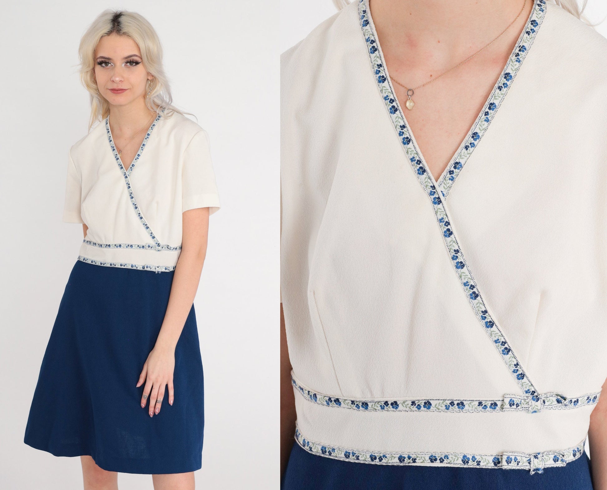 70s Blue White Color Block Mini Dress V-Neck High Waist Floral Trim Medium
