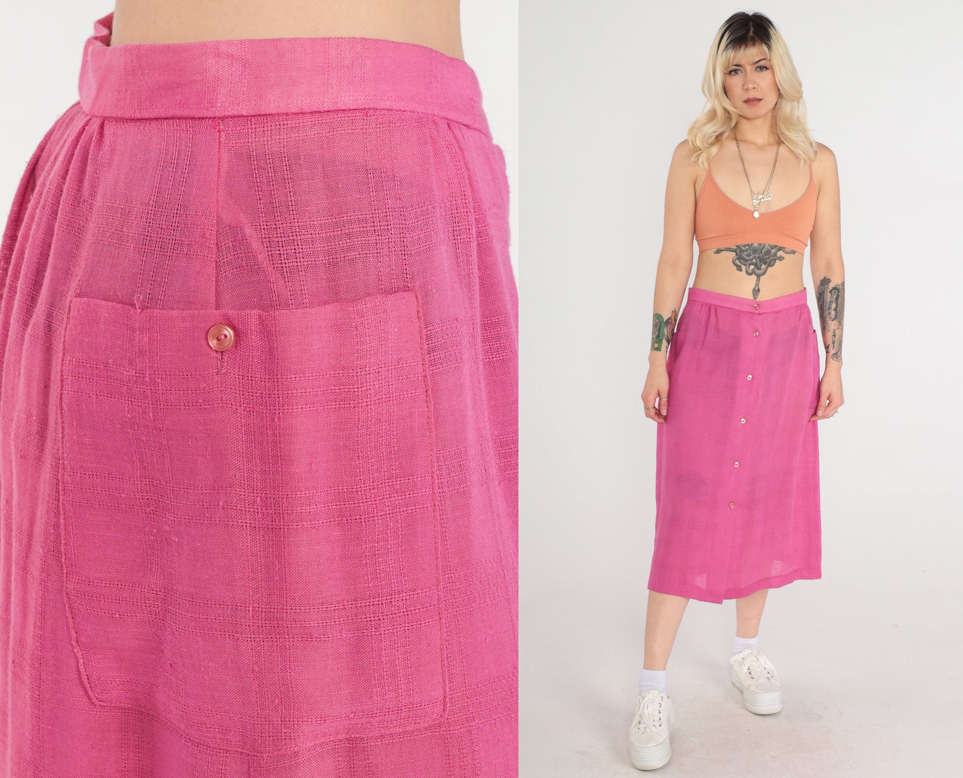 80s Pink Button-Up Midi Skirt High Waist Sheer Medium
