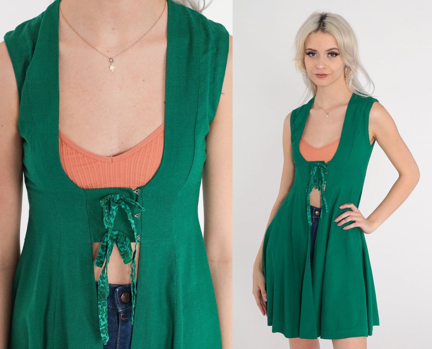 70s Green Mini Dress Open Front Sleeveless Scoop Neck Extra Small