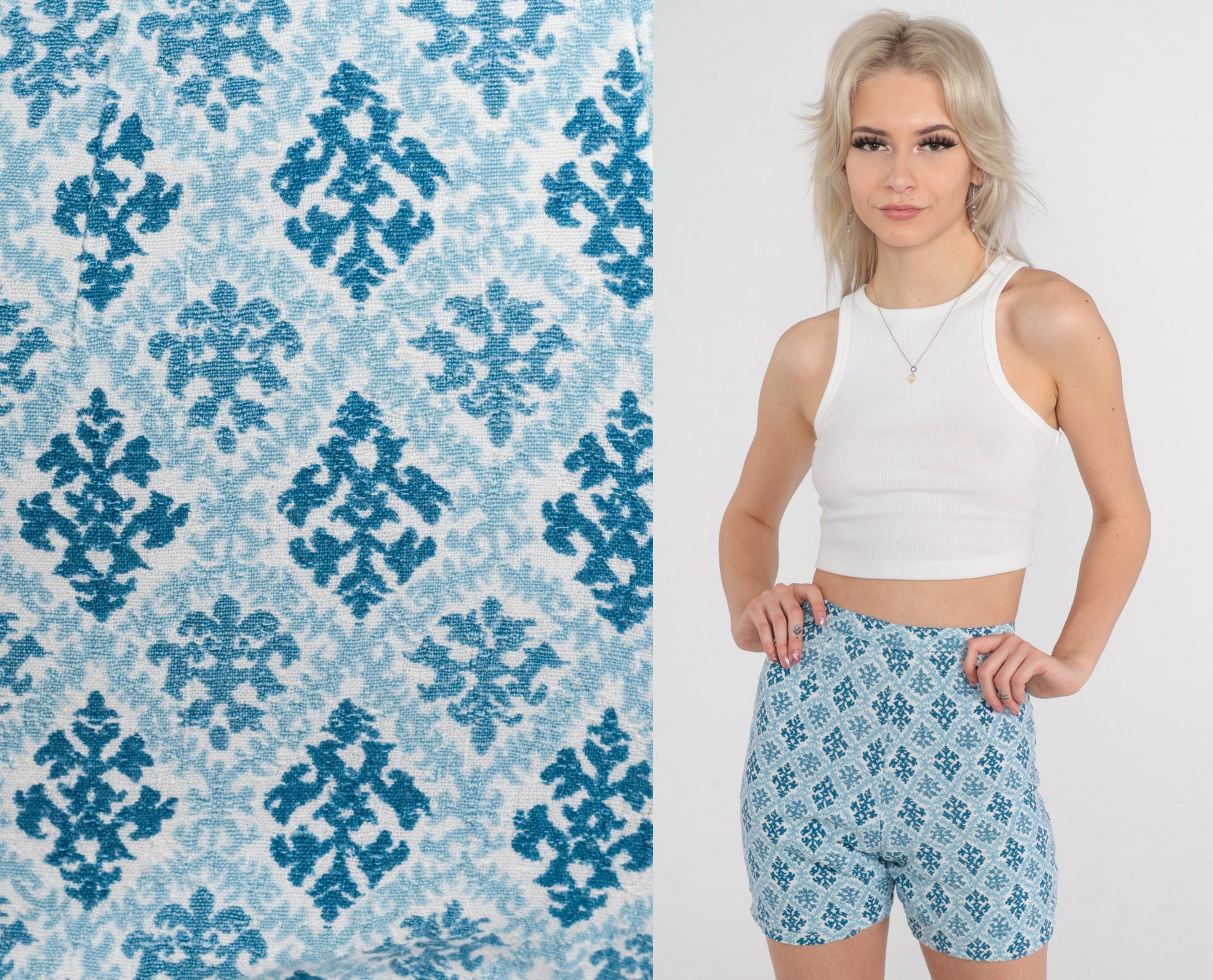 60s Blue Tapestry Print High-Waist Shorts Geometric XXS