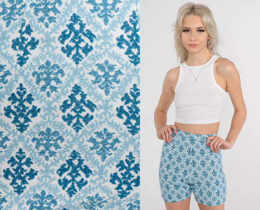 60s Blue Tapestry Print High-Waist Shorts Geometric XXS