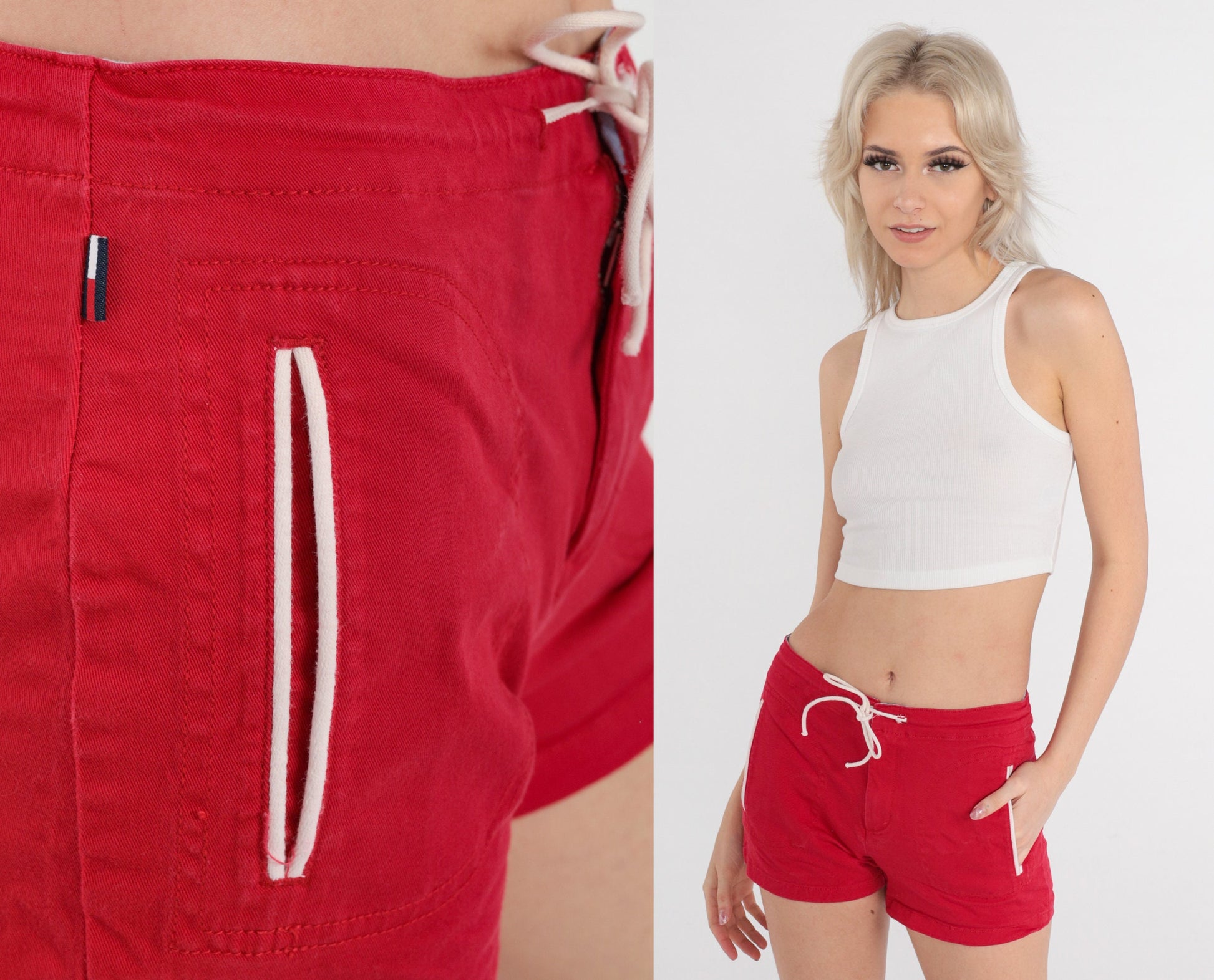 90s Tommy Hilfiger Athletic Shorts Red Cotton Drawstring Extra Small