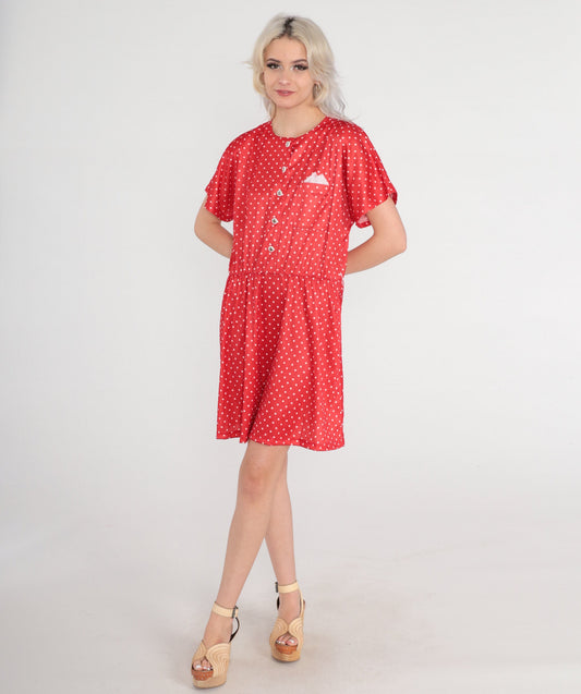 80s Red Polka Dot Button-Up Mini Dress High Waist Shirtdress Large