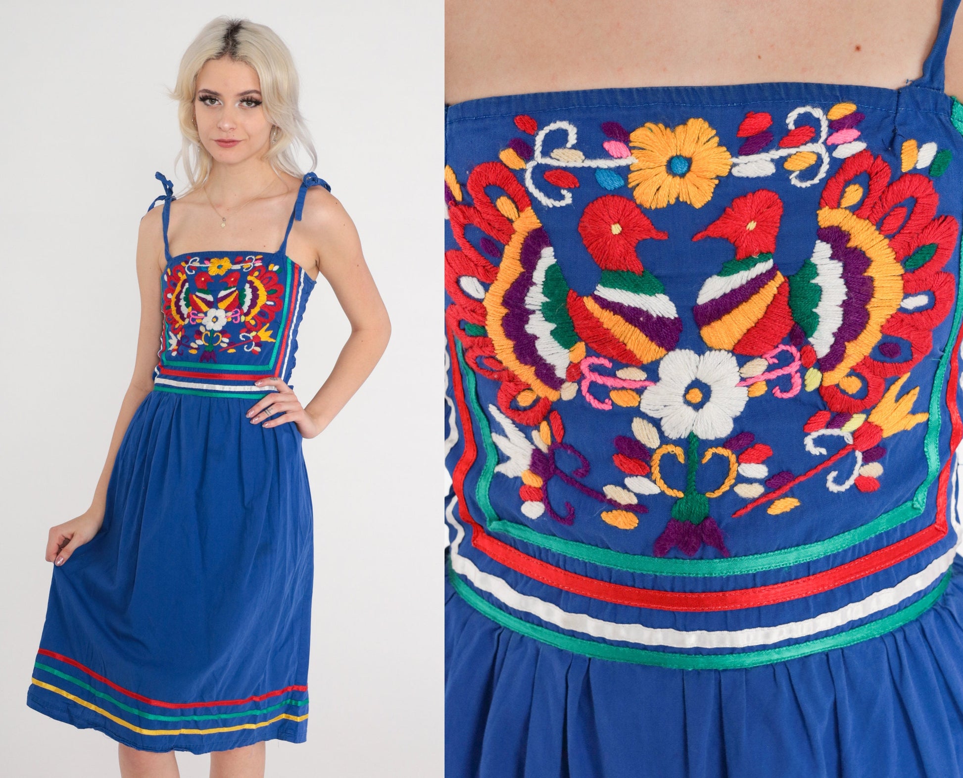 70s Mexican Embroidered Peacock Midi Dress Blue Cotton Smocked Small