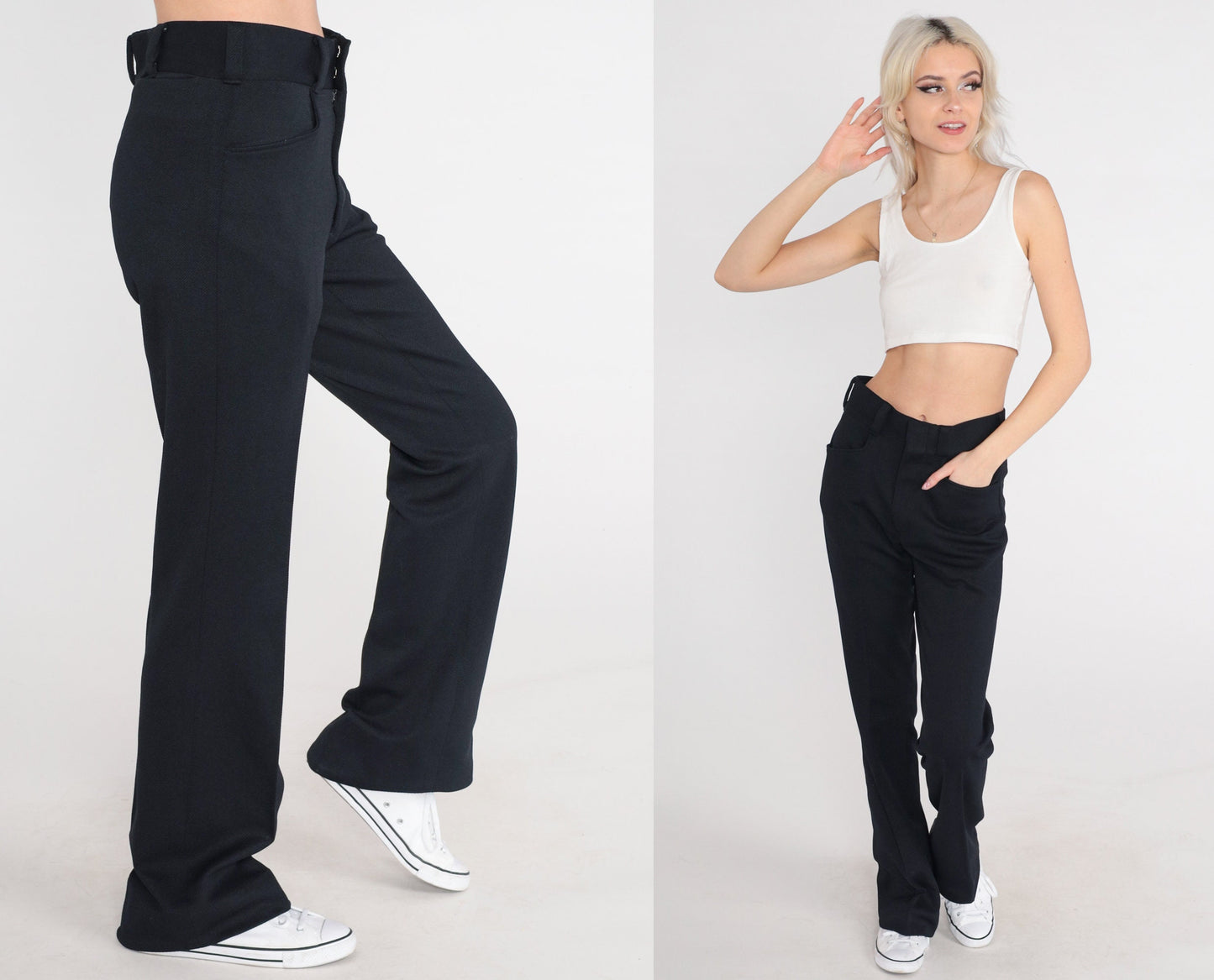 70s Black Flared Trousers Mid Rise Vintage 1970s Pants Medium