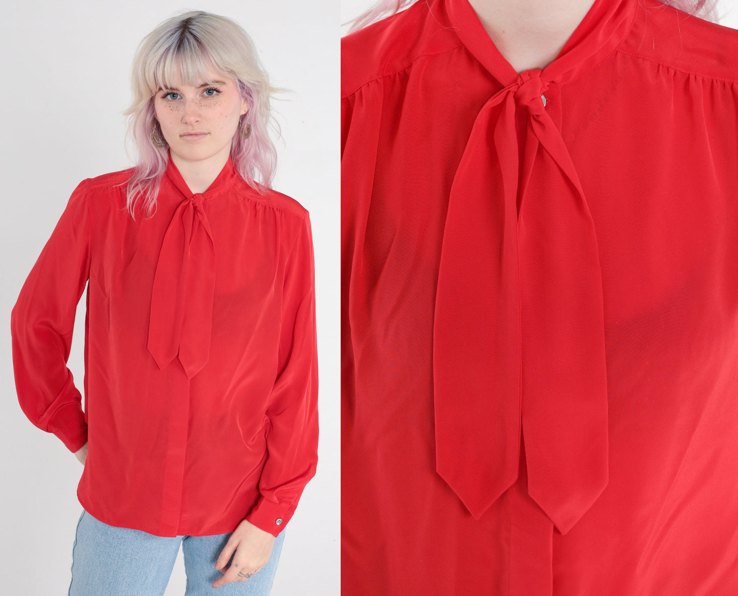 80s Red Ascot Bow Blouse Long Sleeve Button-Up Secretary Shirt Medium 8