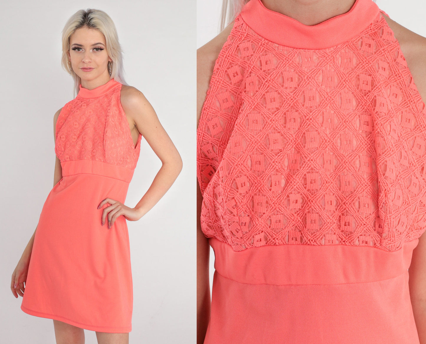 70s Hot Salmon Pink Lace Mini Dress Empire Waist Mock Neck Small
