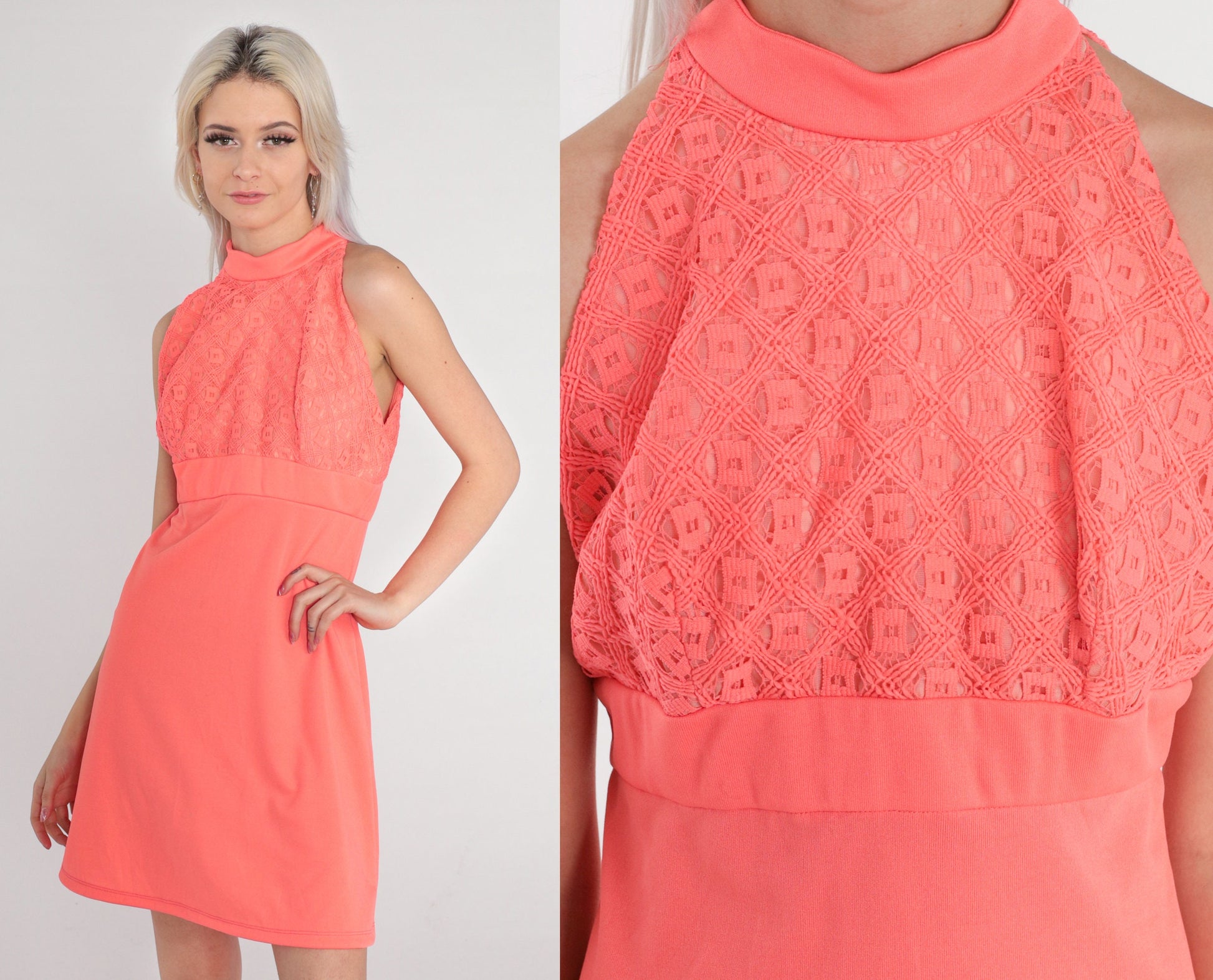 70s Hot Salmon Pink Lace Mini Dress Empire Waist Mock Neck Small