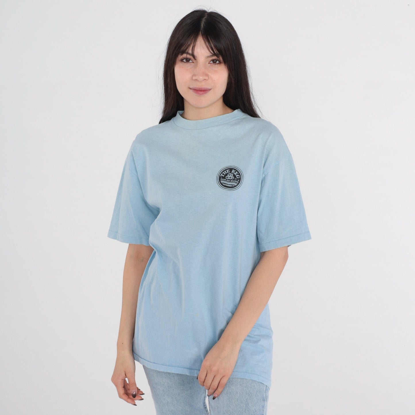 80s The Keg Steak and Seafood T-Shirt Baby Blue Gumby Graphic Tee Medium